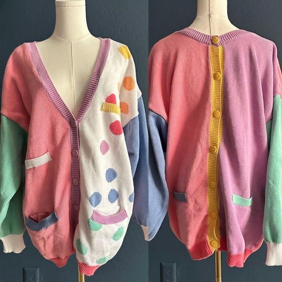 Vintage Sweaters - Birds of Paradise Oversized Pastel Colorblock Polka Dot Cardigan Knit Sweater XL